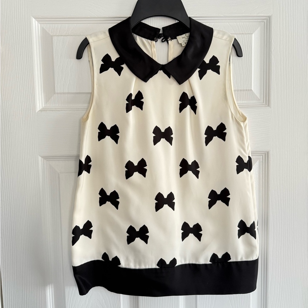 KATE SPADE PRINTED BLACK BOW SLEEVELESS TANK TOP WHITE/BLACK